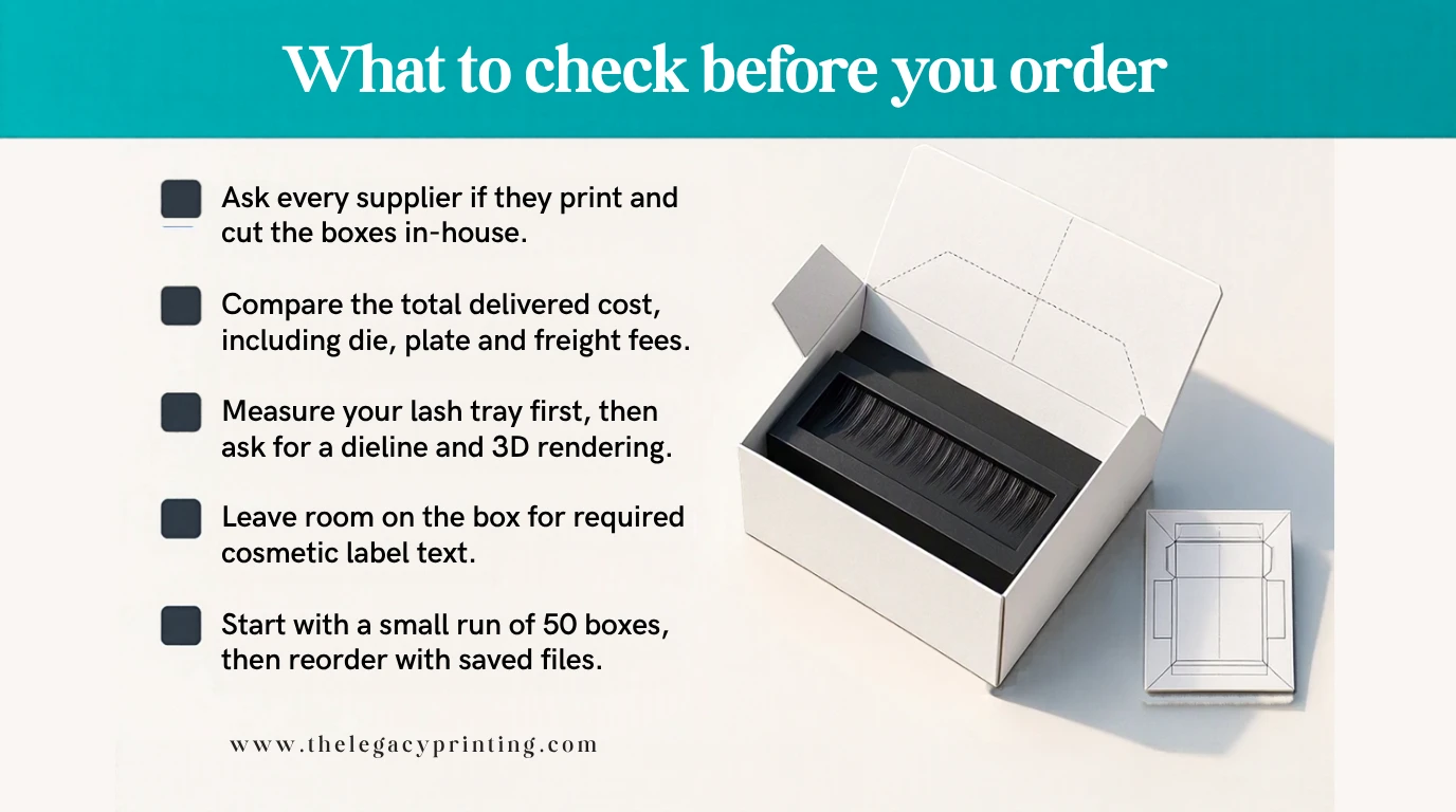 Key takeaways: Ask every supplier if they print and cut the boxes in-house.; Compare the total delivered cost, including die, plate and freight fees.; Measure your lash tray first, then ask for a dieline and 3D rend...