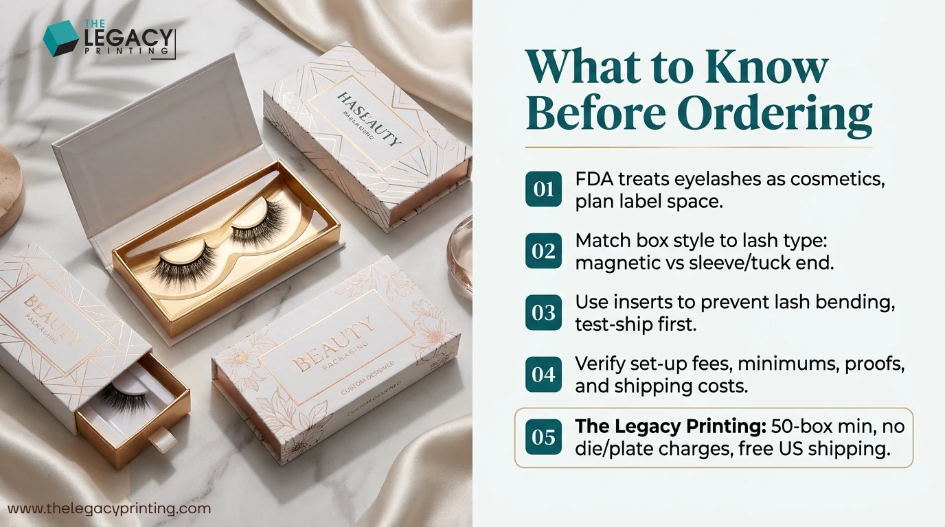 Key takeaways: The FDA treats false eyelashes as cosmetics, so plan label space before you design.; Match the box style to your lash type: magnetic for premium, sleeve or tuck end for budget.; Always use an insert s...