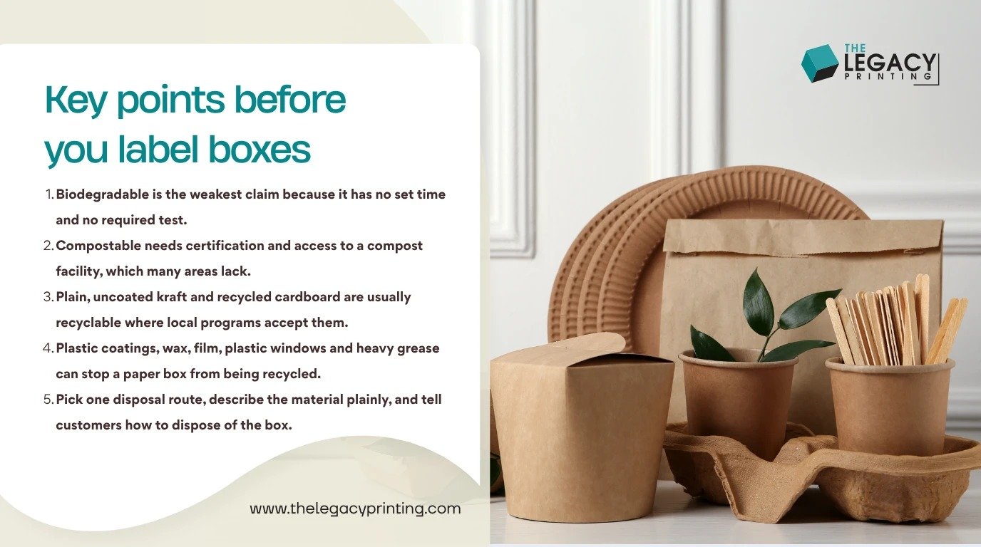 Key takeaways: Biodegradable is the weakest claim because it has no set time and no required test.; Compostable needs certification and access to a compost facility, which many areas lack.; Plain, uncoated kraft and..