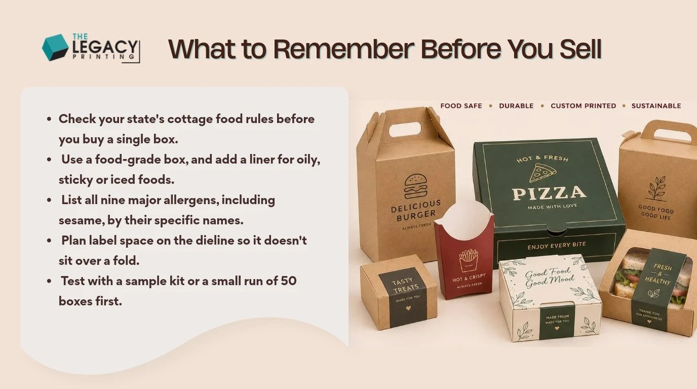 Key takeaways: Check your state's cottage food rules before you buy a single box.; Use a food-grade box, and add a liner for oily, sticky or iced foods.; List all nine major allergens, including sesame, by their spe...
