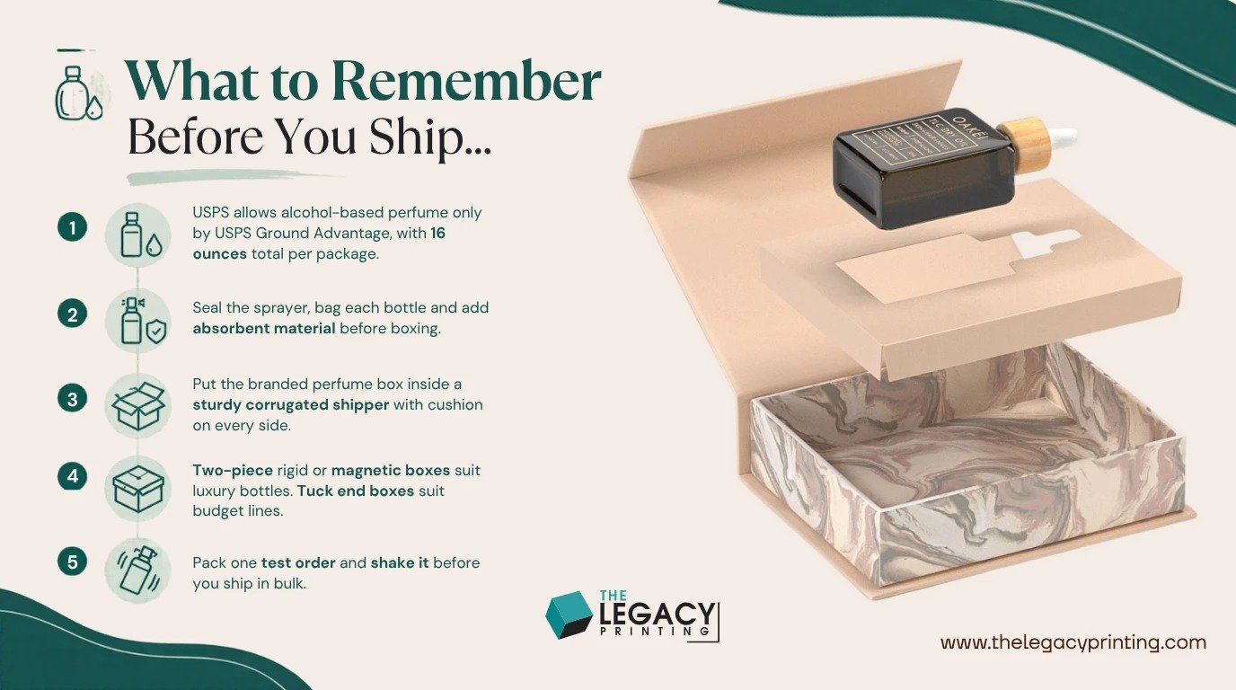 Key takeaways: USPS allows alcohol-based perfume only by USPS Ground Advantage, with 16 ounces total per package.; Seal the sprayer, bag each bottle and add absorbent material before boxing.; Put the branded perfume...