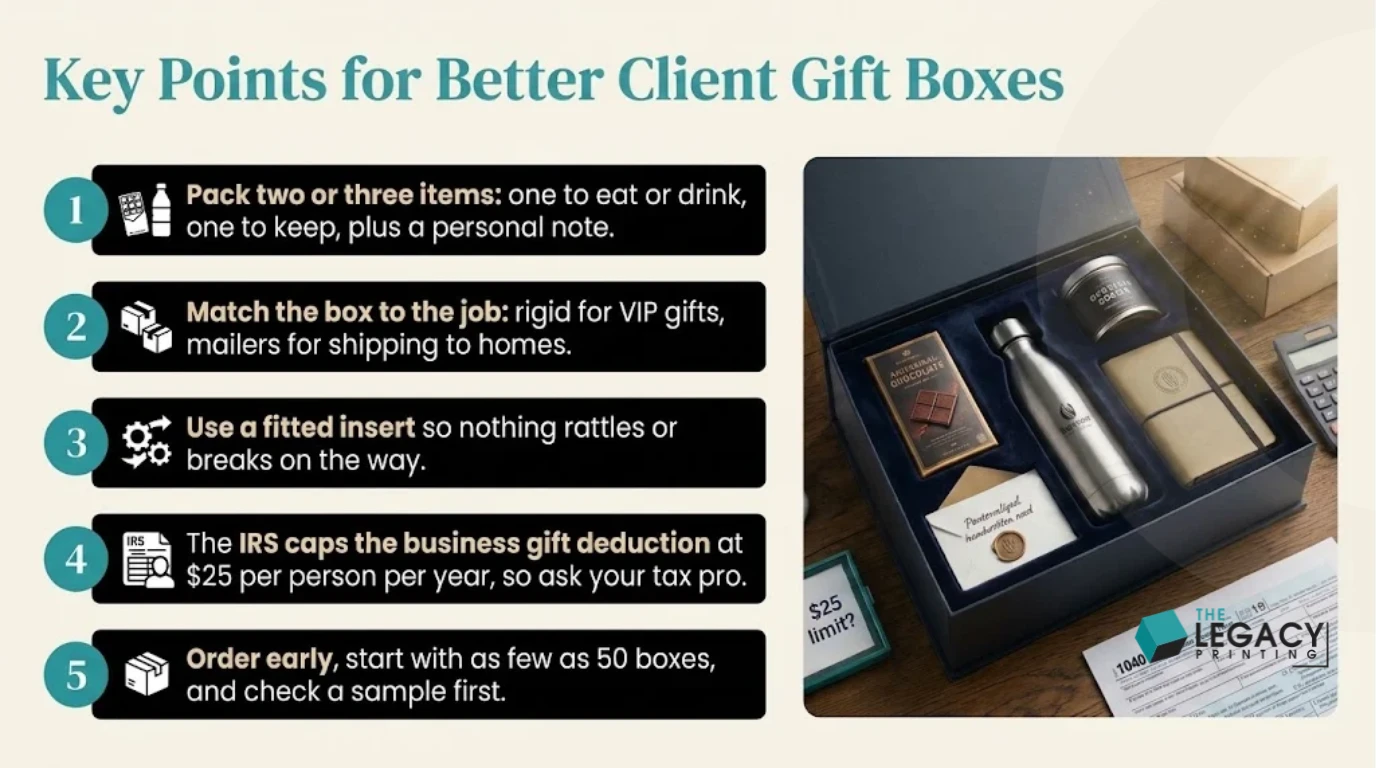 Key takeaways: Pack two or three items: one to eat or drink, one to keep, plus a personal note.; Match the box to the job: rigid for VIP gifts, mailers for shipping to homes.; Use a fitted insert so nothing rattles...