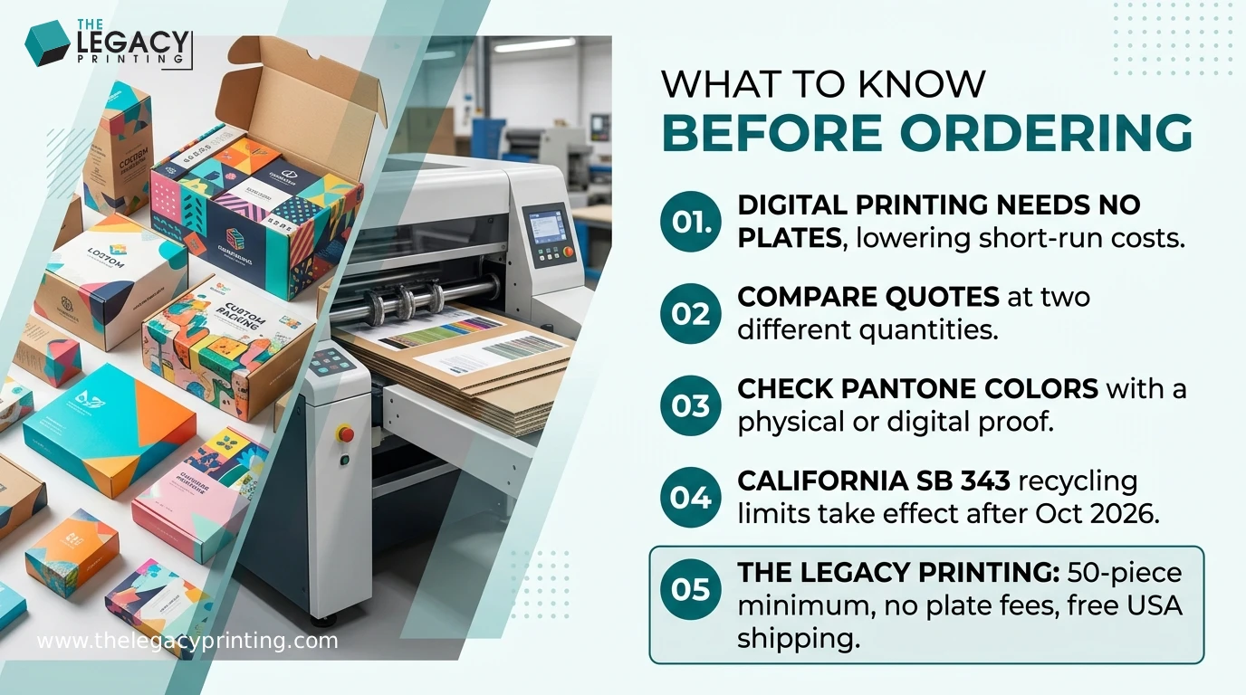 Key takeaways: Digital printing needs no plates, so short runs cost less to start than offset.; Get quotes at two quantities, because sources disagree on where offset becomes cheaper.; Check exact Pantone brand colo...