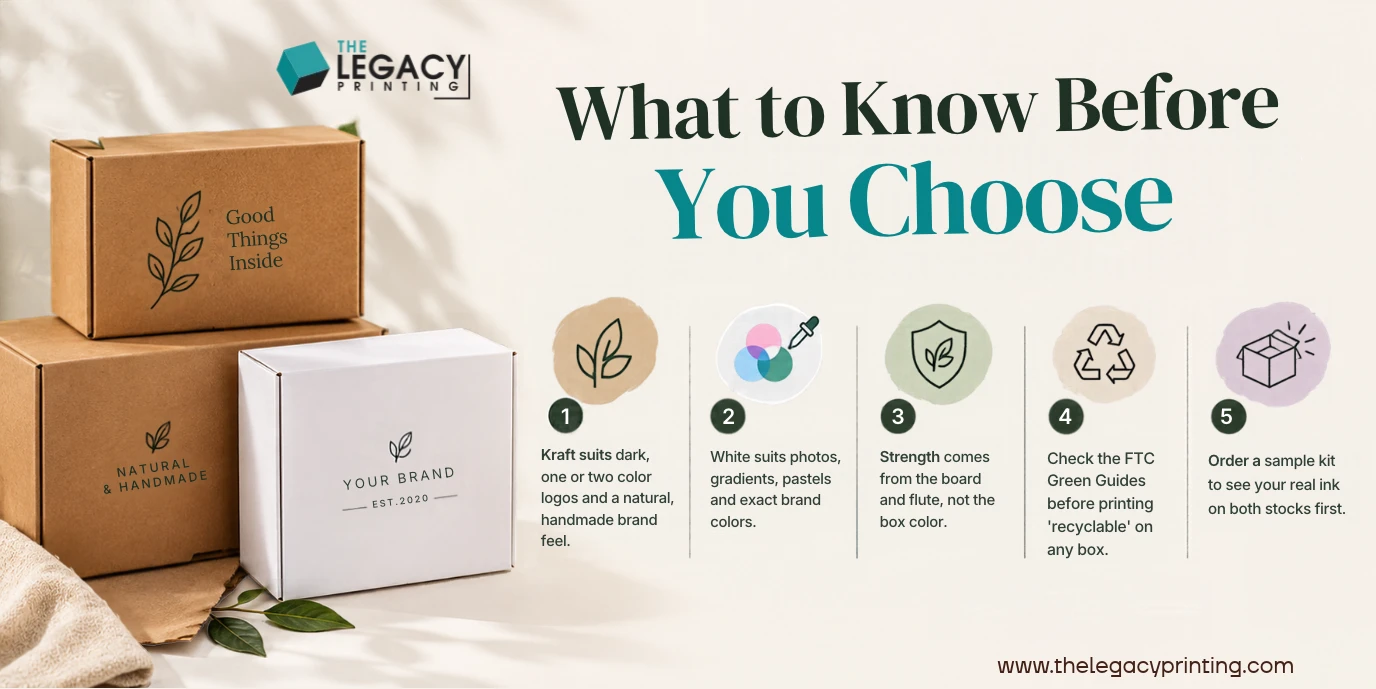 Key takeaways: Kraft suits dark, one or two color logos and a natural, handmade brand feel.; White suits photos, gradients, pastels and exact brand colors.; Strength comes from the board and flute, not the box color...