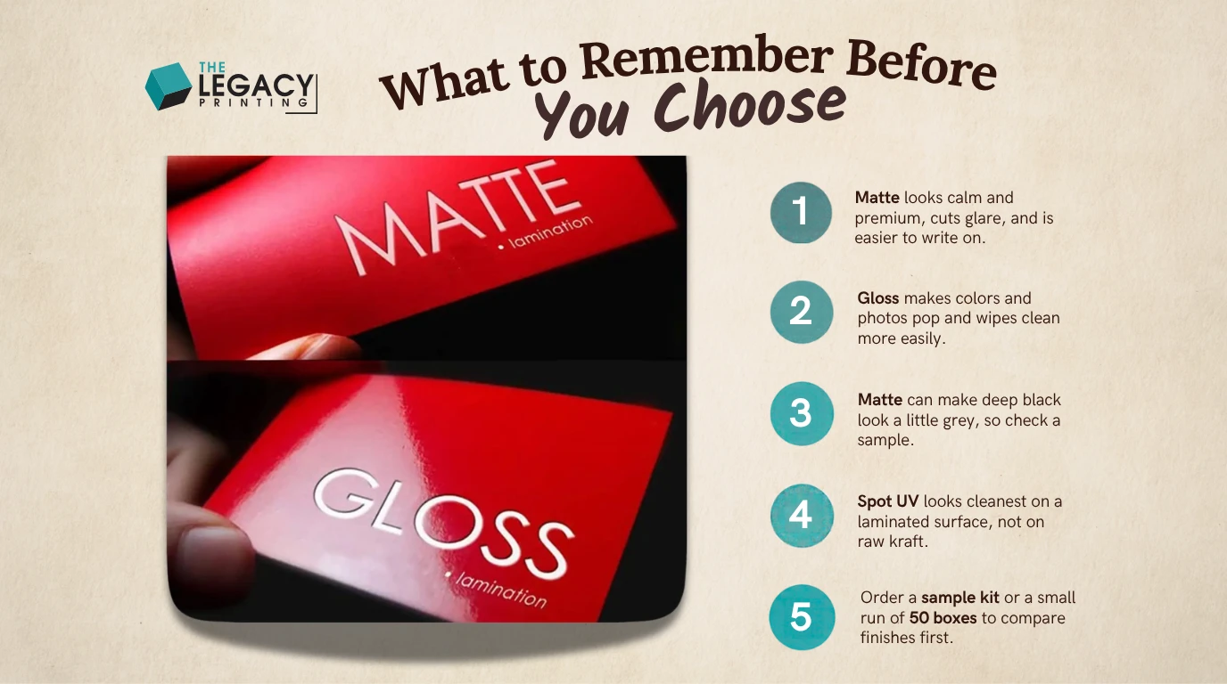 Key takeaways: Matte looks calm and premium, cuts glare, and is easier to write on.; Gloss makes colors and photos pop and wipes clean more easily.; Matte can make deep black look a little grey, so check a sample.;...