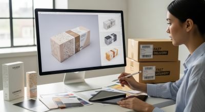 Professional designer working on cosmetic box mockup next to printed samples and delivery-ready boxes