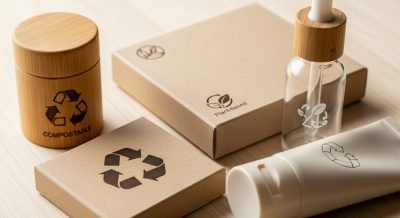 Recyclable and biodegradable cosmetic packaging materials with eco icons